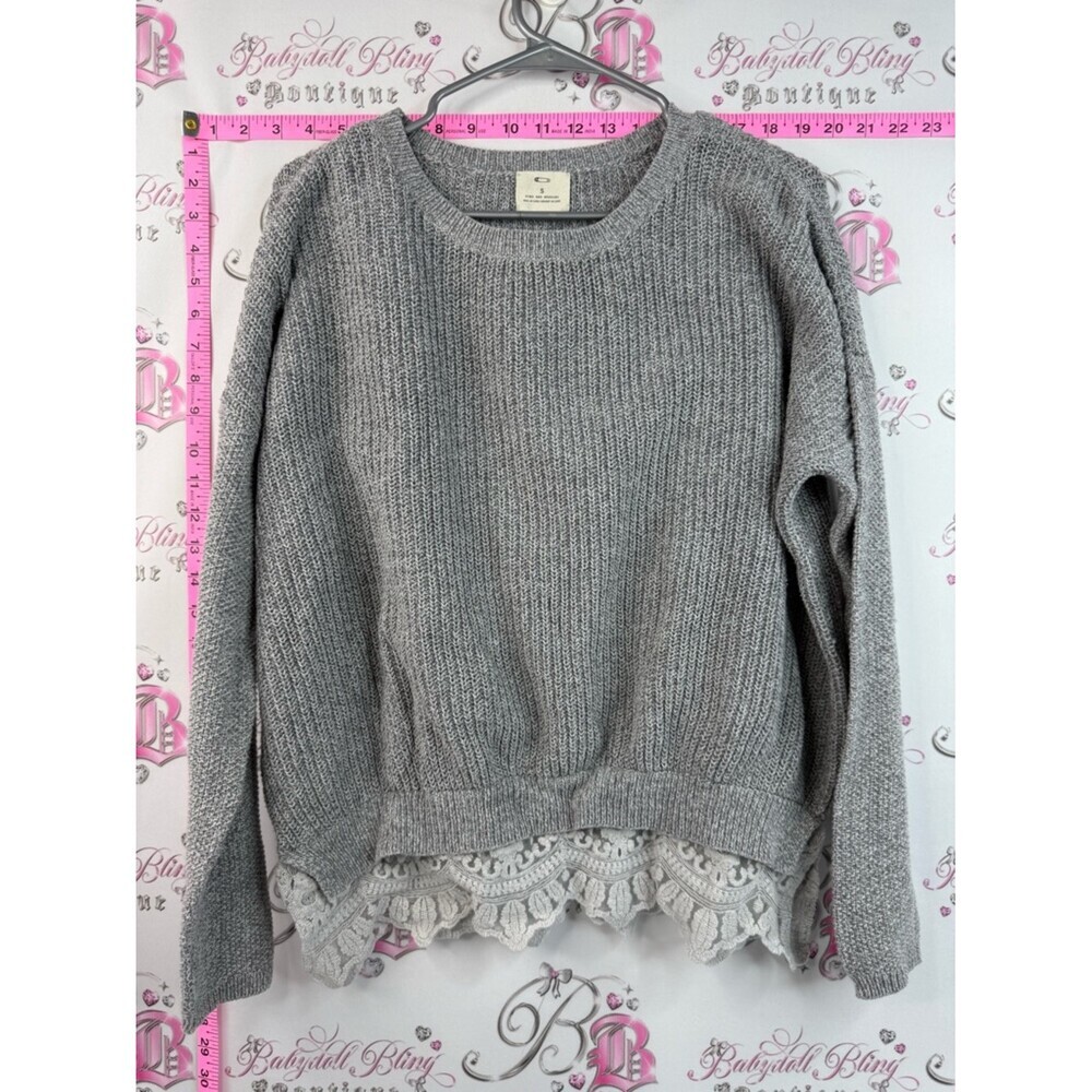 Pins & Needles sweater lace floral hem Gray Crewneck Sweater with Lace Hem